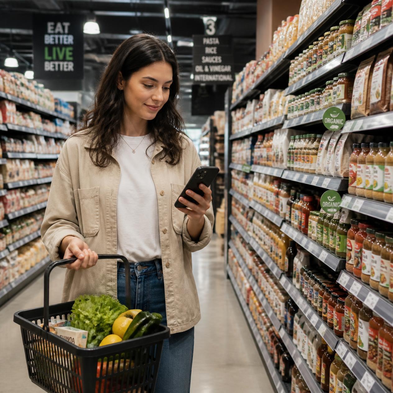 Grocery shopper using a mobile phone in a supermarket aisle